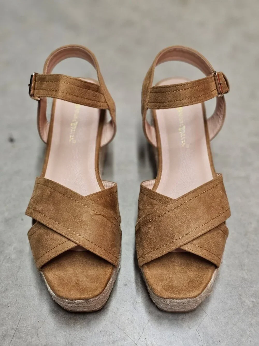 Camel Suede Espadrille Wedge Sandals With Ankle Strap & Buckle Closure For Women